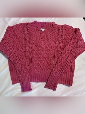 American Eagle Outfitters Rose Pink Cable Knit V-Neck Sweater